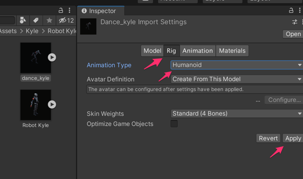 Mixamo 3d モデル アニメーション Unity 設定 Rig Humanoid